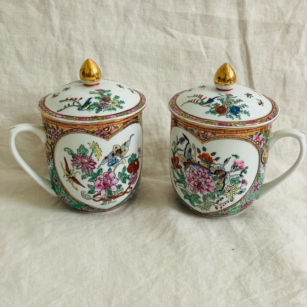 2 vintage Famille rose tea mug with lid